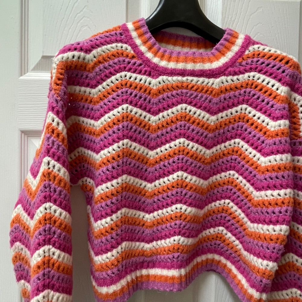 Pink Orange M Chevron Chunky Crochet Knit Sweater‎ Oversized Cropped Boho Preppy